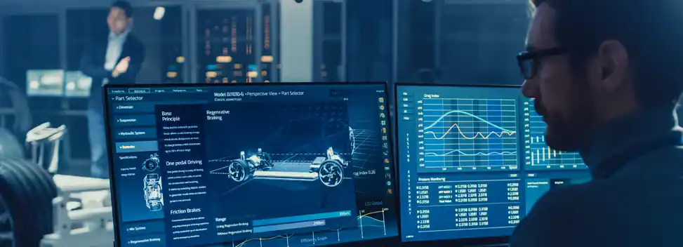 Mann am Computer konstruiert in 3D ein Automobil