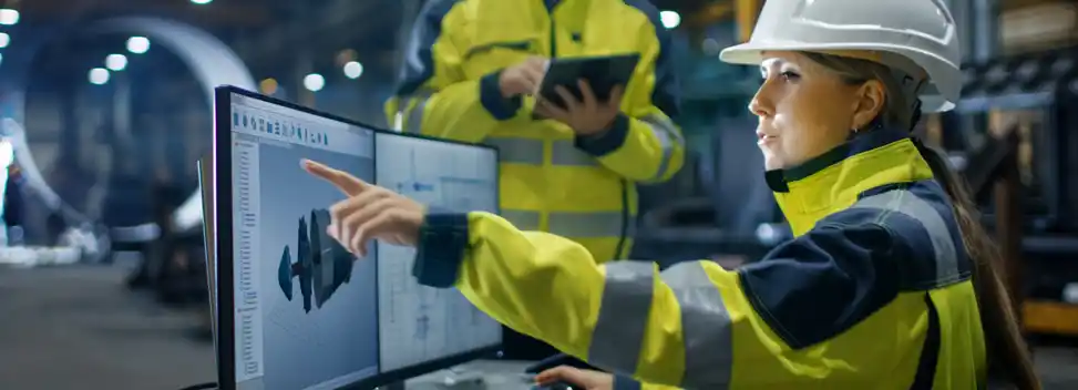 Frau vor einem Computer in einer Konstruktionshalle mit CAD Anwendung