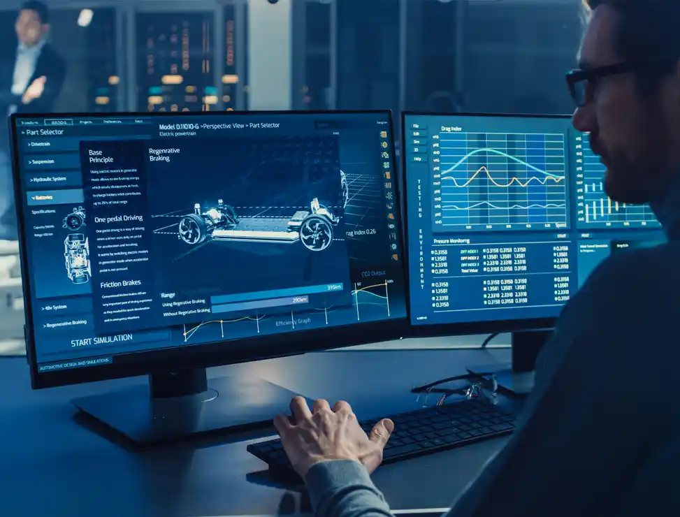 Mann am Computer konstruiert in 3D ein Automobil