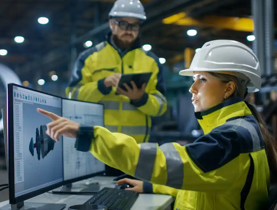 Frau vor Computer mit CAD Software in Konstruktionshalle